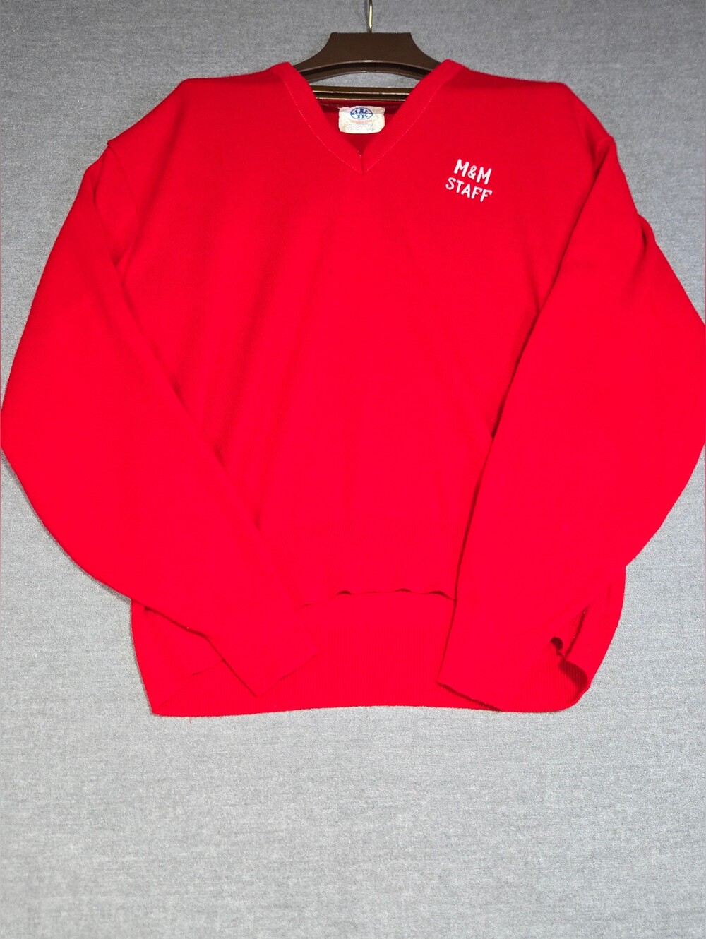 Vintage 1980s M&M Staff V-Neck Sweater USA Made Red Uniform Knit Large